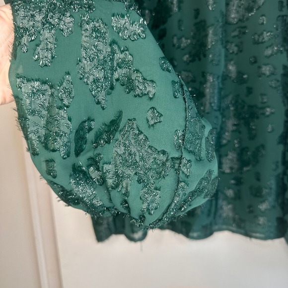 Mello Day Green Sheer Metallic Burnout Blouse Ruffle Mock Neck Long Sleeve Top - Picture 3 of 11